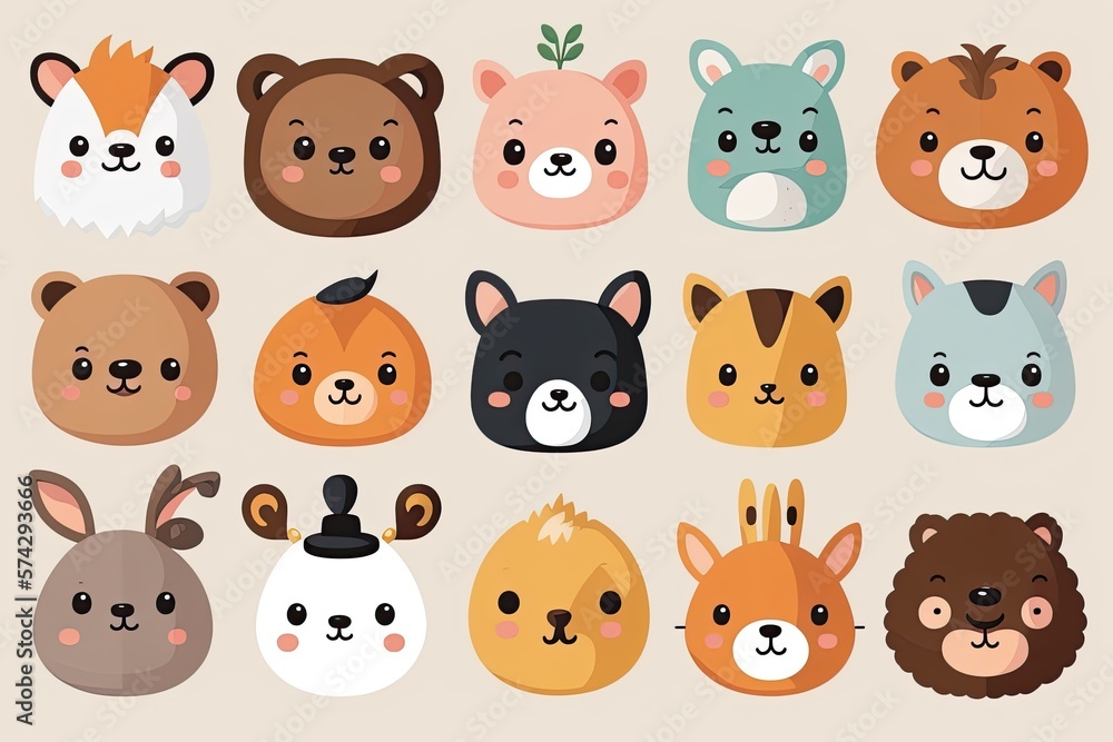 Set of faces of cute cartoon animals. Children's sticker design. Generative ai Set of faces of cute cartoon animals. Children's sticker design. Generative ai
