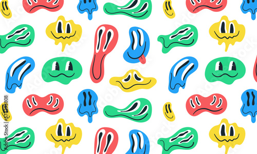 Distorted happy colorful smiles seamless pattern on white background. Funny unreal emoticons faces. Trippy vector design. Cartoon retro print for clothes, fabric, paper, cover, interior decor. 