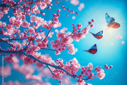 blossoming sakura and bright blue morpho butterfly against blue sky. AI Generated