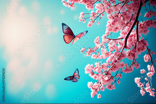 blossoming sakura and bright blue morpho butterfly against blue sky. AI Generated photo