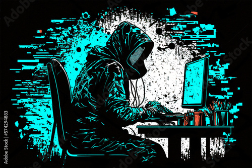 The hacker is sitting at the computer. Abstract digital illustration. photo