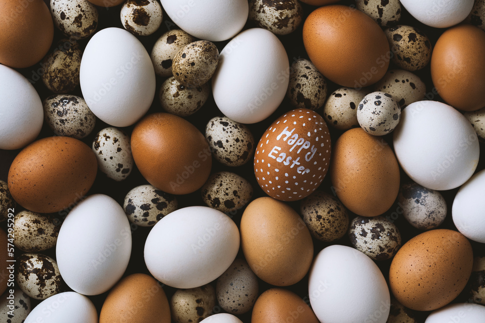 Happy easter written white chicken egg on pile of eggs. Stack of brown and white chicken eggs with quail eggs Happy easter written white chicken egg on pile of eggs. Stack of brown and white chicken eggs with quail eggs