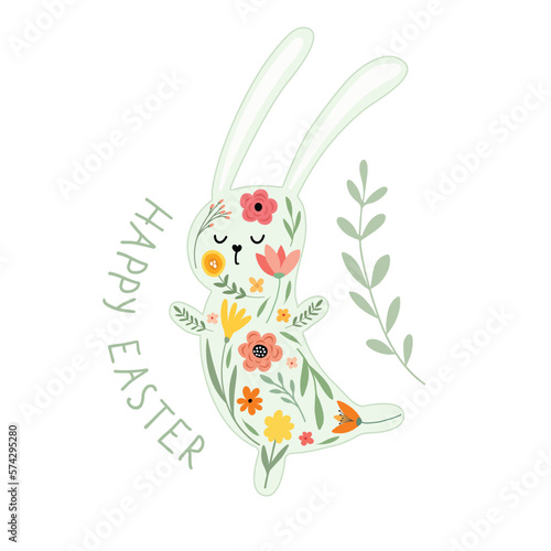 Cute Easter bunny with floral pattern hand written Happy Easter text. Holiday card banner in vintage style design element
