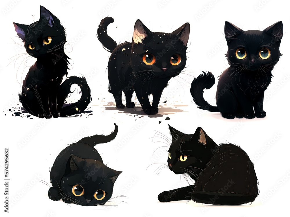 Black cat isolated on white background. Illustration. Ai generated. Black cat isolated on white background. Illustration. Ai generated.