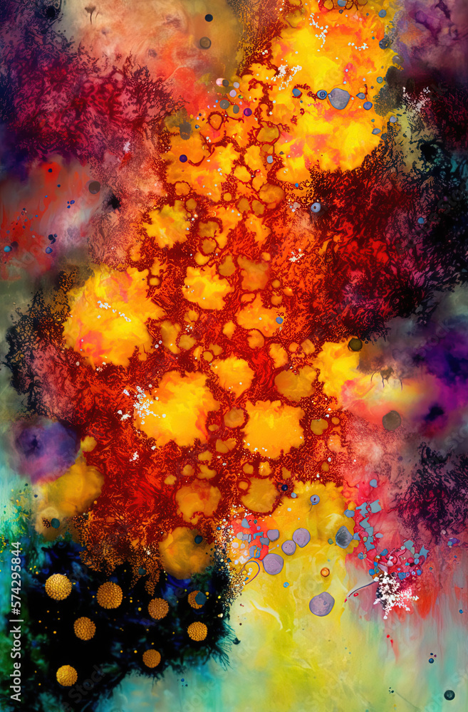 Fusion between pointillism and alcohol ink painting, vibrant, glowing, ethereal, wallpaper. Generative AI.