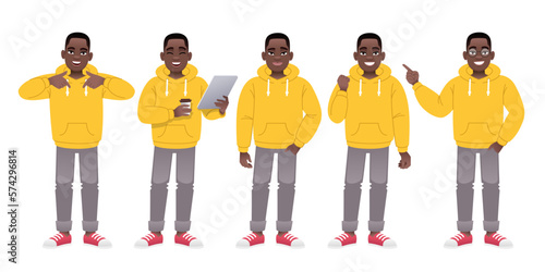 Full-length man is a set of characters. A black guy is standing with a tablet and a glass of coffee, rejoicing, pointing at something, wearing glasses. A black man in a yellow jacket and gray pants