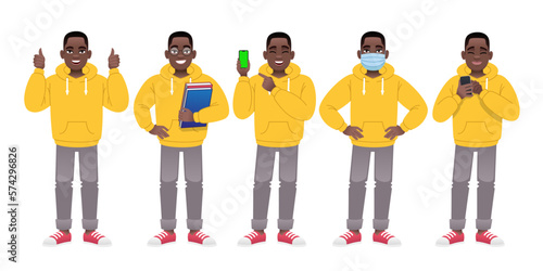 Black guy is wearing glasses with textbooks, with a mobile phone in his hand, wearing a protective mask, rejoicing. A black man in a yellow jacket and gray pants is standing in different poses
