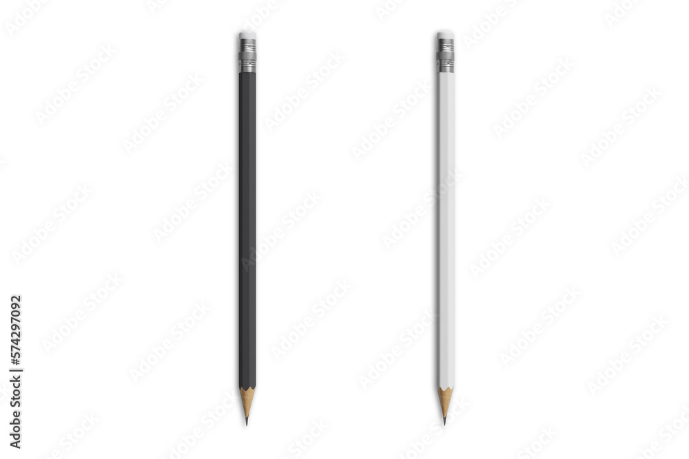 Black and white pencil mockup with eraser isolated on white background. 3d rendering.