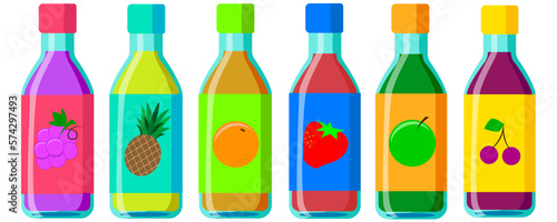 Fruit juice in glass bottles. Packaging vector.