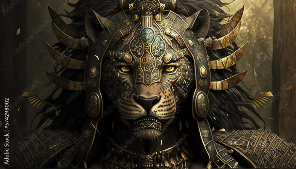 Jaguar or tiger Aztec warrior, Aztecs symbols. Generative AI.