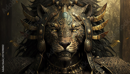 Jaguar or tiger Aztec warrior, Aztecs symbols. Generative AI. © Worldillustrator