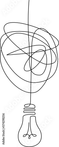 Idea concept with one line bulb. Innovation ideas. Element with lamp for Creative idea design. Process of untangling wire to supply electricity to lightbulb. Sign of creativity. PNG illustration