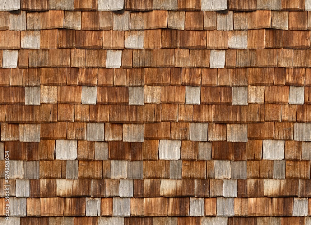 Seamless natural creative rustic background. Wood chip roof or wall made of wood chips. The old wooden texture of the roof, tile made of chipped wooden fragments. Traditional material of an old house