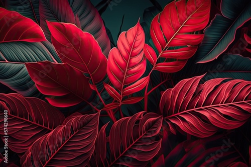 Red plant leaves background  floral tropical pattern for wallpaper  AI generated 