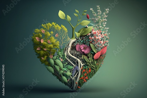Flowers trees and plants in heart shape, green energy, concept (AI generated)