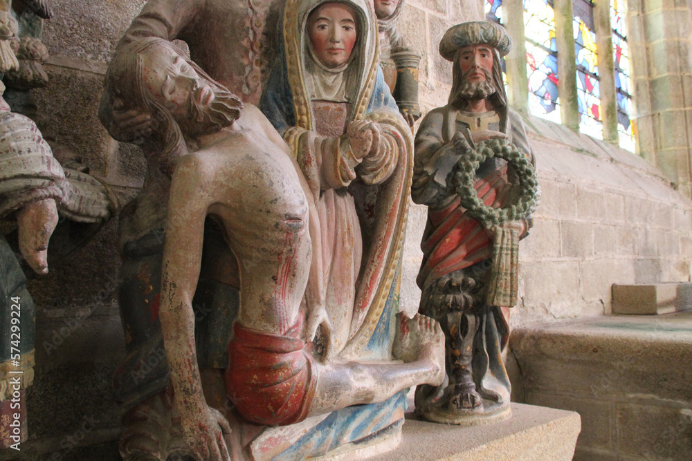 sculpture (lamentation of christ) in the pénity chapel in locronan in brittany (france)