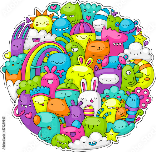Happy bunch of colorful creatures doodle © zsooofija