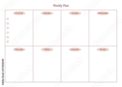 A weekly plan design template in a modern, simple, and minimalist style. Note, scheduler, diary, calendar, planner document template illustration.