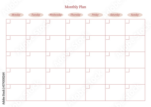A simple style monthly planner. Note, scheduler, diary, calendar planner document template illustration.