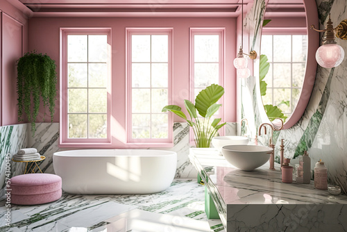  A spring-themed pink colorschemed luxury noble bathroom with big bright tiles  massive windows  and fresh spring flowers and plants  minimalistic architecture with a sink  mirror and standalone batht
