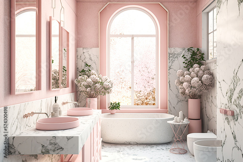  A spring-themed pink colorschemed luxury noble bathroom with big bright tiles, massive windows, and fresh spring flowers and plants, minimalistic architecture with a sink, mirror and standalone batht