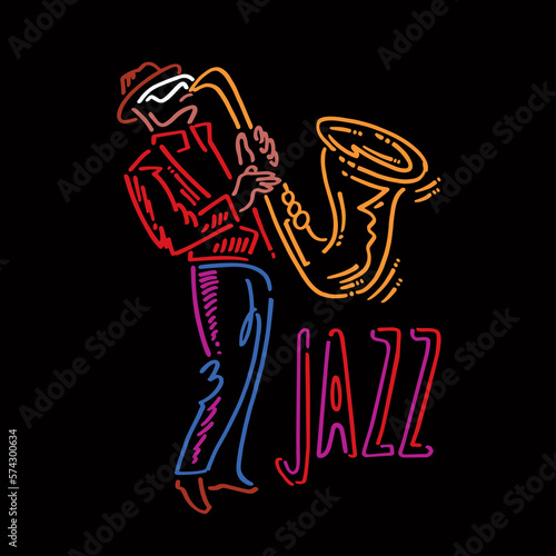 Jazz saxophone player colorful on a black background, poster concept design template. Vector illustration