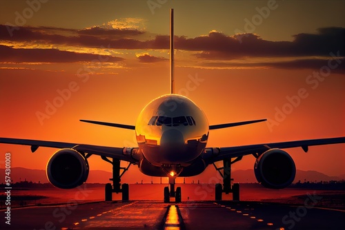 Plane taking off from an airport runway during a sunset. Travel concept, Sunset Sky, International Flight. Generative AI Technology