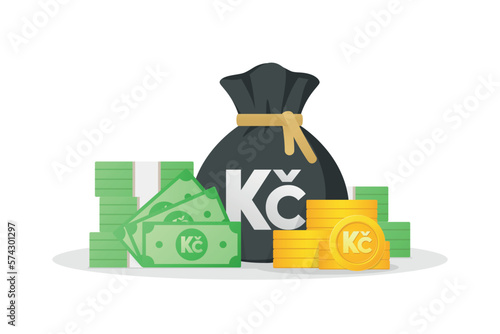 Czech koruna money icon. Money bag, banknotes and gold coins with naira sign. Czech Republic money symbol. Flat style vector illustration white background.