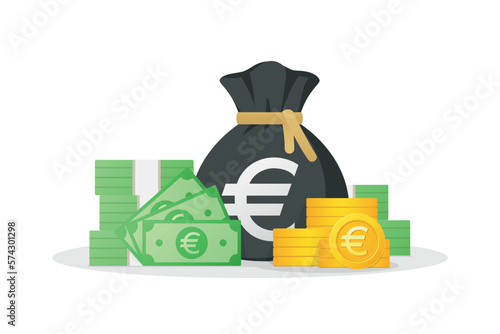 Euro money icon. Money bag, banknotes and gold coins with euro sign. eurozone currency symbol. Flat style vector illustration white background.
