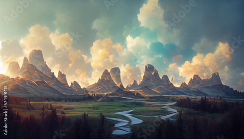 Dolomites in a green field. Imitation of oil painting. Picturesque landscape. AI-generated © jockermax3d