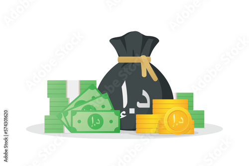 United Arab Emirates Dirham money. Money bag, banknotes and gold coins with Dirham sign. Vietnamese currency symbol. Flat style vector illustration white background.