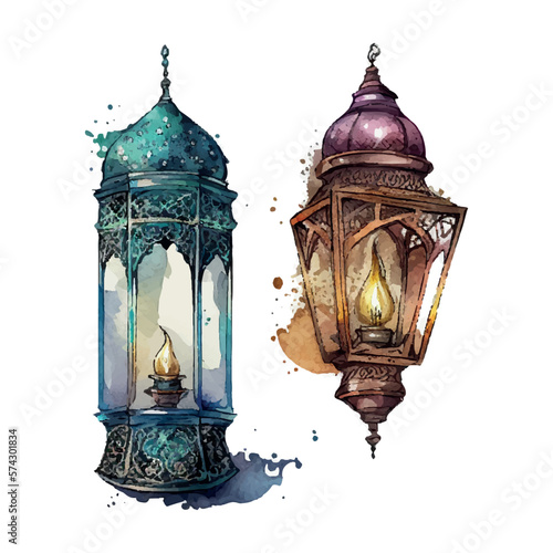 Ramadan Kareem islamic lantern watercolor illustration vector
