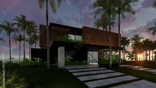 4K video rendering of modern cozy house with parking and pool for sale or rent with wood plank facade by the sea or ocean. Sunset evening by the coast with palm and flowers in tropical island Fly-walk