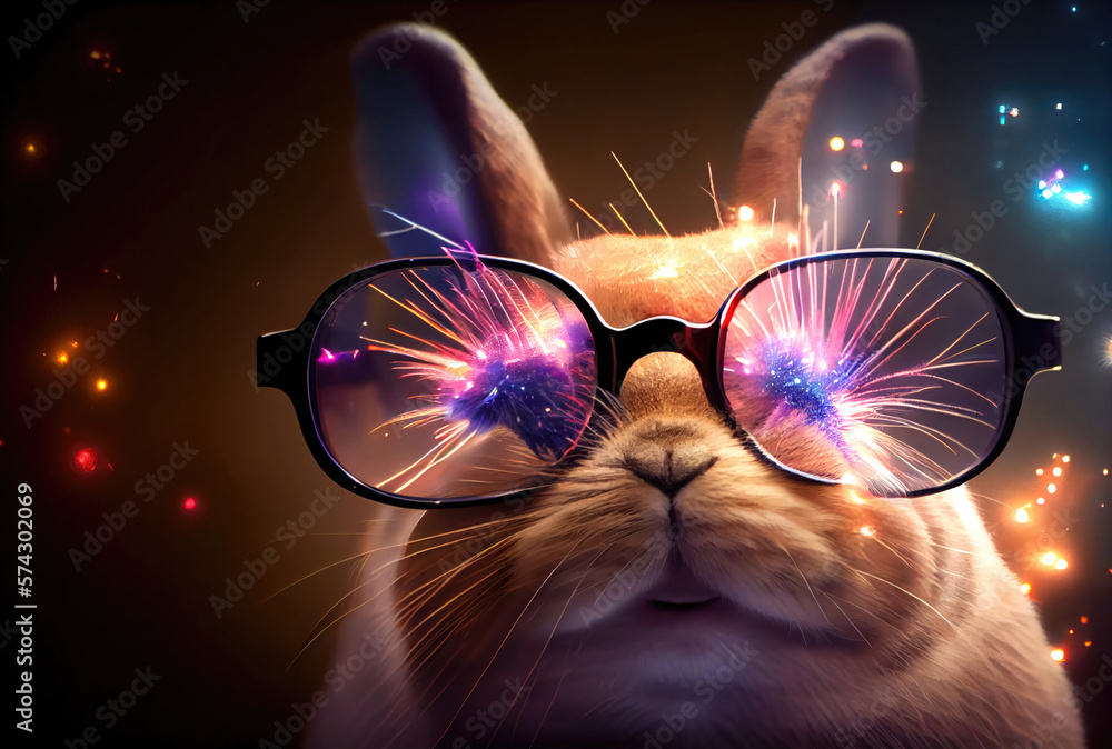 Rabbit in glasses looking at colorful fireworks to celebrate the Year of the Rabbit. Animal and holiday concept. Generative AI