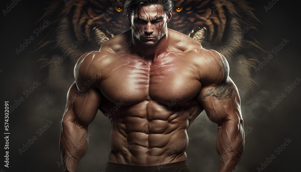 Masculine and very muscular man. Testosterone concept. Gym wallpaper