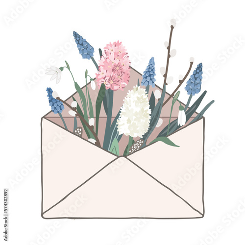 Bouquet of spring flowers inside the envelope. Hand drawn trendy vector greeting card. Snowdrops, hyacinth, muscari, and pussy willow branches