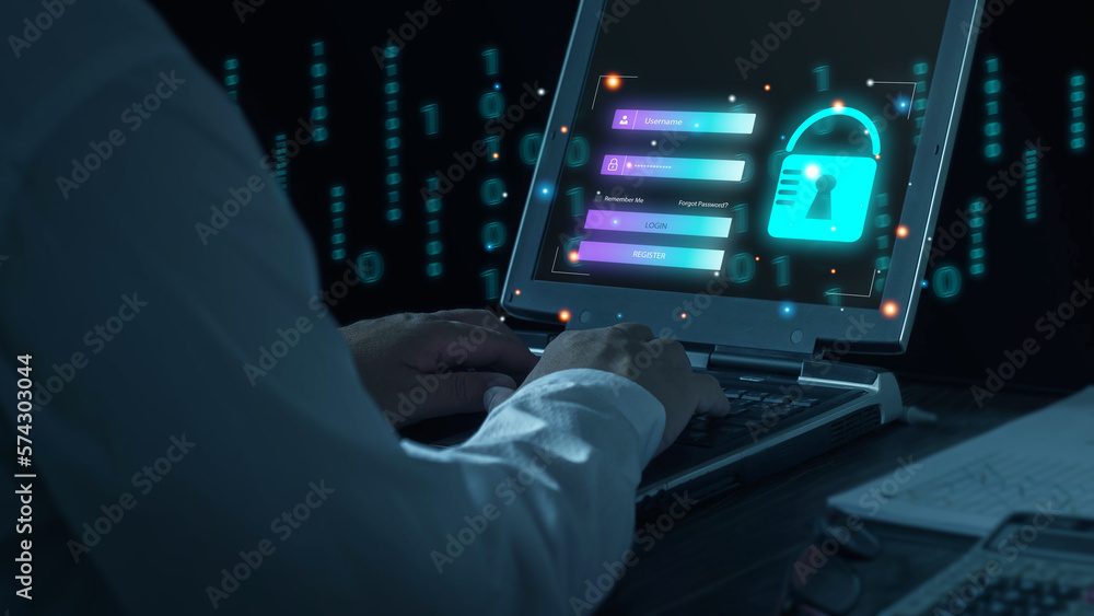 Cyber security and privacy concept for data protection. digital biometric data Business people use computers to process data to enter the security system. network connection virtual interface Cyber security and privacy concept for data protection. digital biometric data Business people use computers to process data to enter the security system. network connection virtual interface