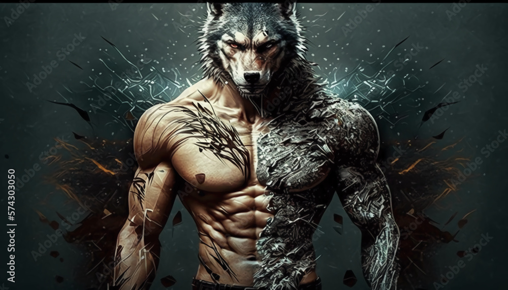 Masculine and very muscular wolf-man. Testosterone concept. Gym wallpaper. Generative AI. Masculine and very muscular wolf-man. Testosterone concept. Gym wallpaper. Generative AI.