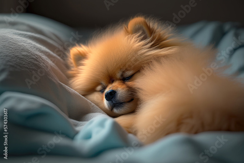 Pomeranian sleeping on a fluffy bed  Generative AI