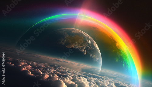 Fototapeta Naklejka Na Ścianę i Meble -  A rainbow of vibrant color over planet in the universe. World Rainbow Day. Ai generated.