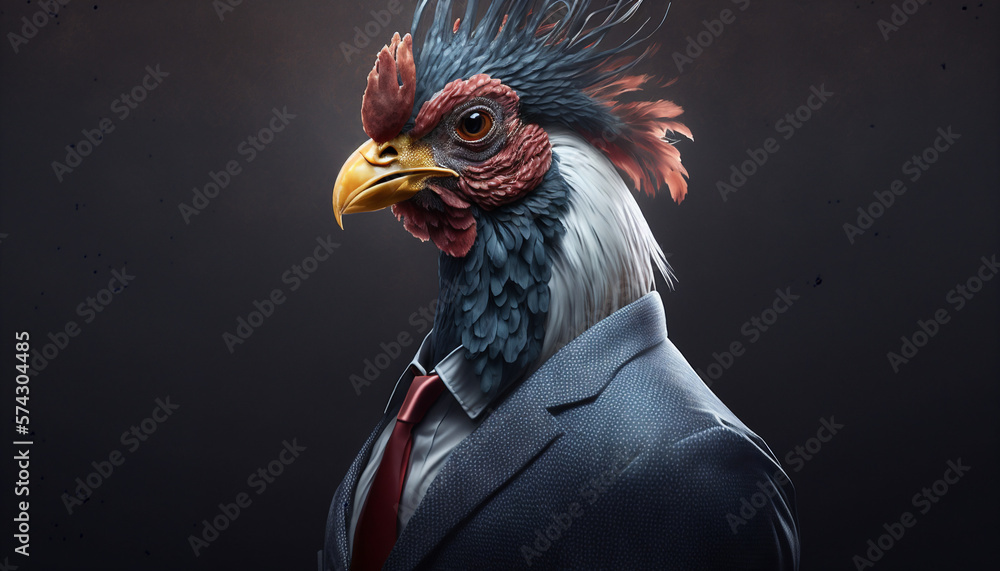 Portrait of a rooster in business suit on isolated background. Generative AI