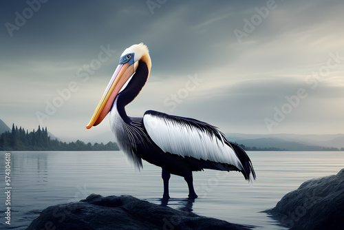Graceful Black and White Pelican Majestically Wades Through Shallow Water on a Cloudy Day. Generative AI