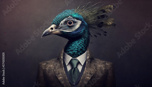Portrait of a peacock in business suit on isolated background. Generative AI
