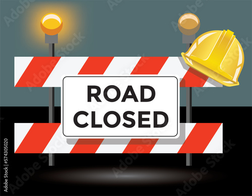 road closed road sign, yellow safety helmet, vector illustration 