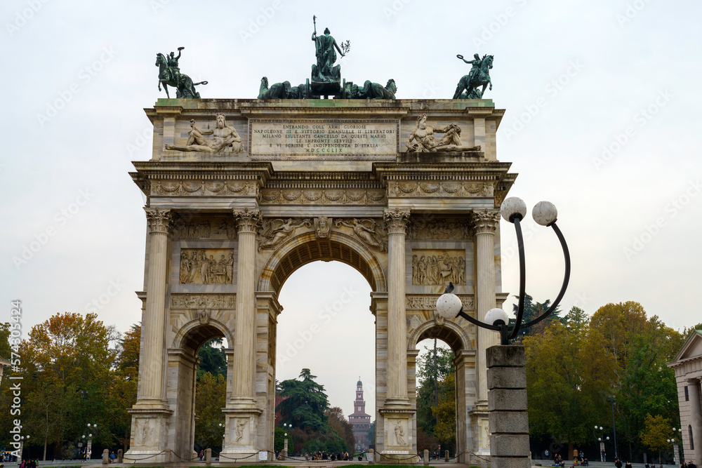 Arco della Pace and Castello Sforzesco in Milan, Italy