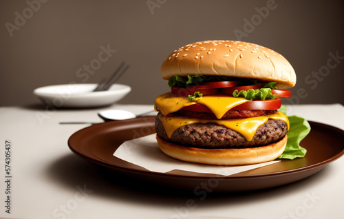 Beautiful appetizing Burger, close-up side view. Tasty American Double Sandwich. Generative AI.