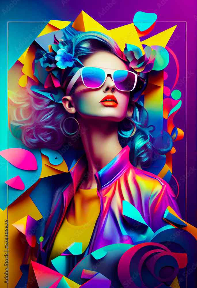 Beauty fashion art portrait of beautiful girl with sunglasses, colorful abstract, celebration and party.