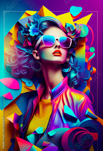 Beauty fashion art portrait of beautiful girl with sunglasses, colorful abstract, celebration and party.