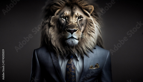 Portrait of a lion in business suit on isolated background. Generative AI