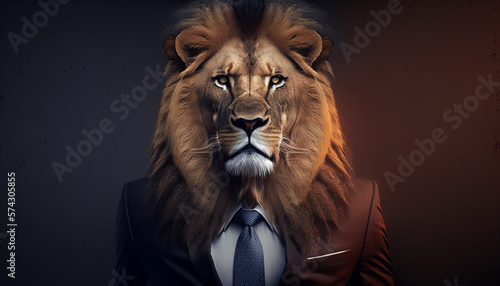 Portrait of a lion in business suit on isolated background. Generative AI